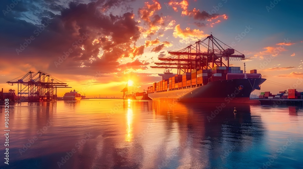 Container ships docked in a port at sunset Container ships docked in a port at sunset