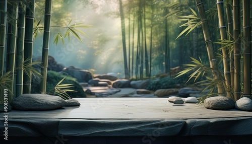 backdrop de floresta de bambus asiaticos e mesa feita de pedras