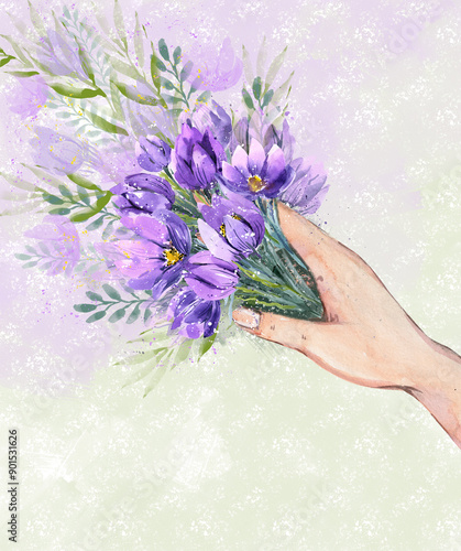 A bouquet of purple snowdrops, watercolor flowers in a woman's hand. Bouquet of spring flowers in hand, watercolor illustration isolated on a white background photo