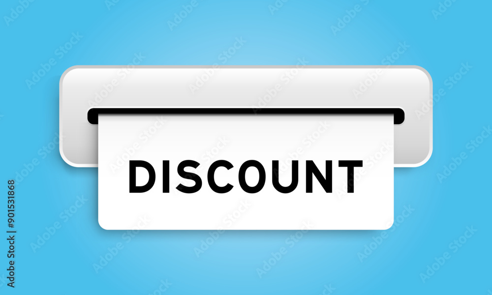 White coupon banner with word discount from machine on blue color background White coupon banner with word discount from machine on blue color background