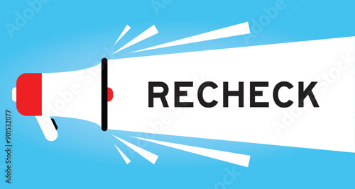 Color megaphone icon with word recheck in white banner on blue background