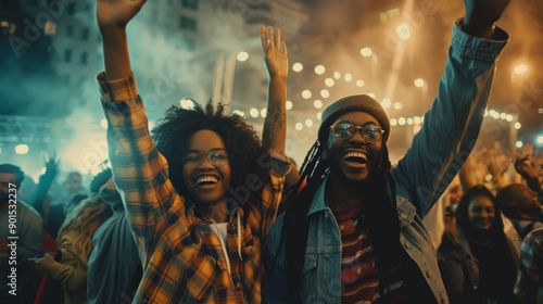 Friends are joyfully celebrating at an outdoor music festival, surrounded by colorful lights and a lively crowd, capturing the essence of fun and connection © Ilia Nesolenyi