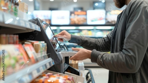 A man is scanning a barcode at a self-checkout kiosk in a spacious and well-lit supermarket while focused on completing his transaction