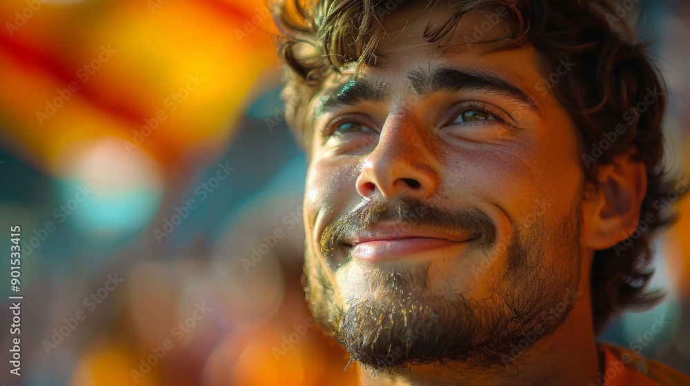 Young Man Smiling Blissfully Under Colorful Lights at Sunset Street Festival Celebration. Generative AI Young Man Smiling Blissfully Under Colorful Lights at Sunset Street Festival Celebration. Generative AI