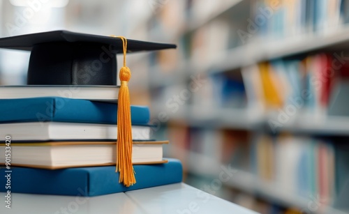 Graduation Cap on Books in Library