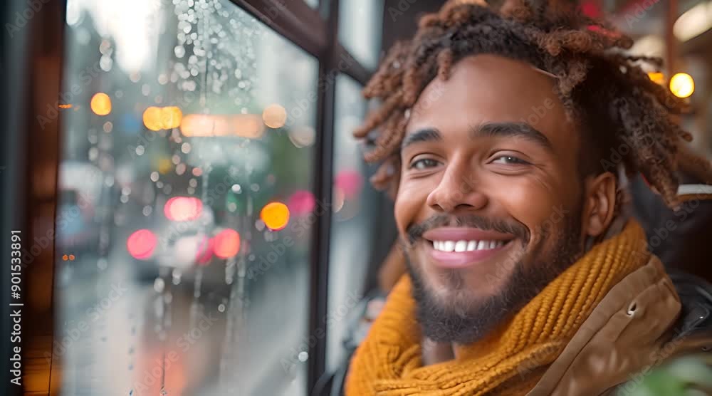 Man smiling on the bus during a rainy evening