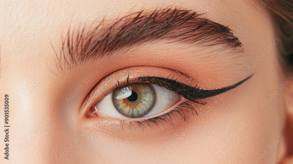 Obraz premium Close-up of a woman's eye showcasing a bold eyeliner look with beautiful, bright iris hues and perfectly shaped brows.