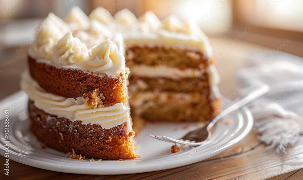 Apple cake with cream cheese frosting on a white plate Apple cake with cream cheese frosting on a white plate