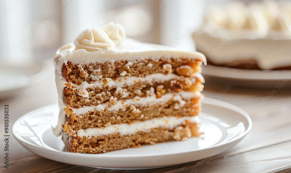 Apple cake with cream cheese frosting on a white plate Apple cake with cream cheese frosting on a white plate