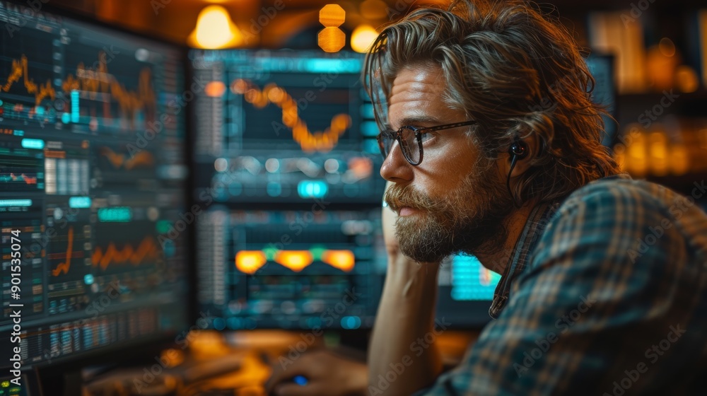 Focused Individual Analyzing Stock Market Trends Late at Night in a Modern Workspace. Generative AI Focused Individual Analyzing Stock Market Trends Late at Night in a Modern Workspace. Generative AI