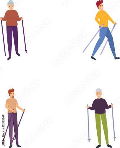 Outdoor activity icons set cartoon vector. People doing nordic walking. Sport, fitness