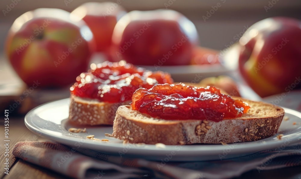 Apple jam spread on toast with fresh apples in the background Apple jam spread on toast with fresh apples in the background