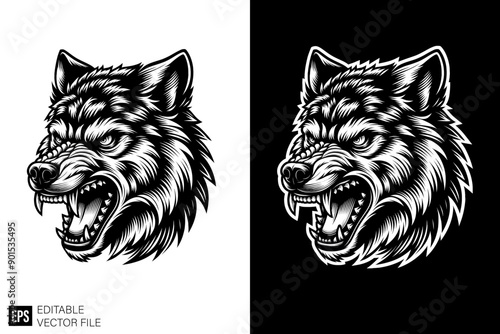 Black and white angry wolf head vector design