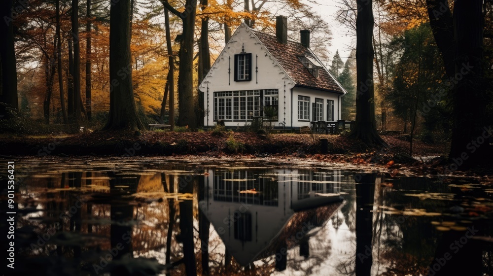 Fototapeta premium an old white and black house in the woods