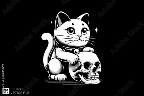 maneki neko illustration black and white silhouette graphic clip art vector design