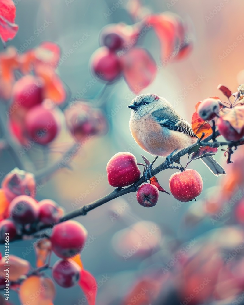 Apple with a small bird perched on the branch Apple with a small bird perched on the branch