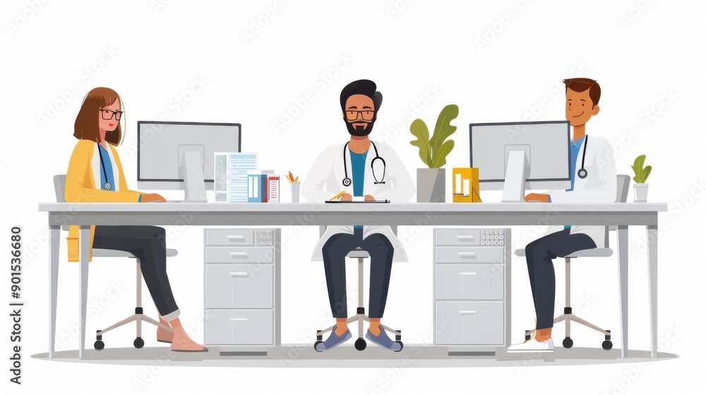 Obraz premium Health Information Management Staff. Roles: Manage patients' medical records in a flat style.