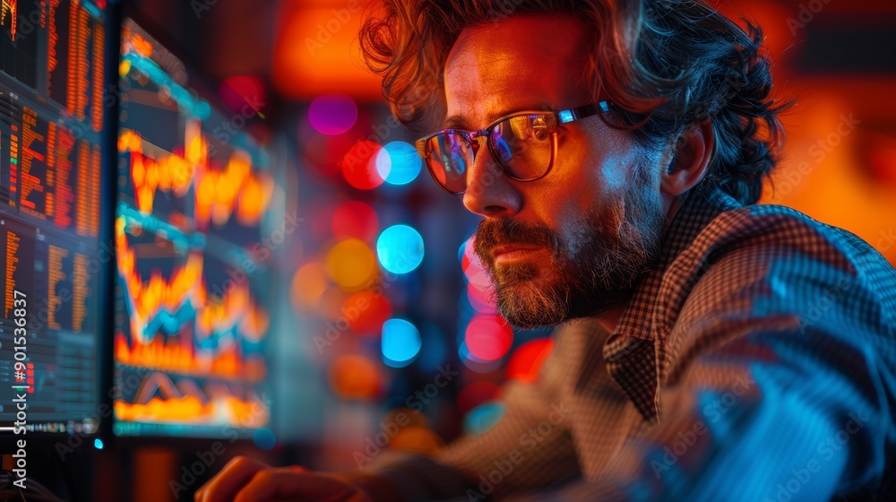 Man Analyzing Financial Data on Multiple Screens in a Dimly Lit Office Setting. Generative AI Man Analyzing Financial Data on Multiple Screens in a Dimly Lit Office Setting. Generative AI