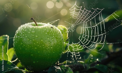 Close-up of a green apple with a spider web nearby