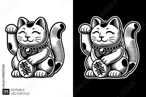 maneki neko illustration black and white silhouette graphic clip art vector design