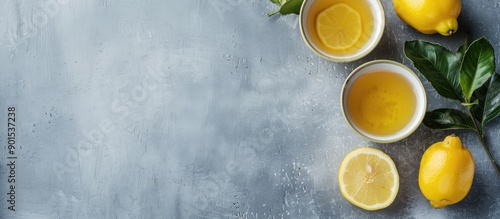 On a gray table sits a pair of warm yuzu teas with honey and lemon, offering a soothing drink against a neutral surface for a copy space image. photo