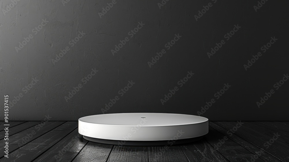 Minimalistic smart robot vacuum cleaner on a dark wooden floor with a black wall background. Modern home cleaning technology. Minimalistic smart robot vacuum cleaner on a dark wooden floor with a black wall background. Modern home cleaning technology.