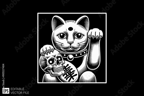 maneki neko illustration black and white silhouette graphic clip art vector design