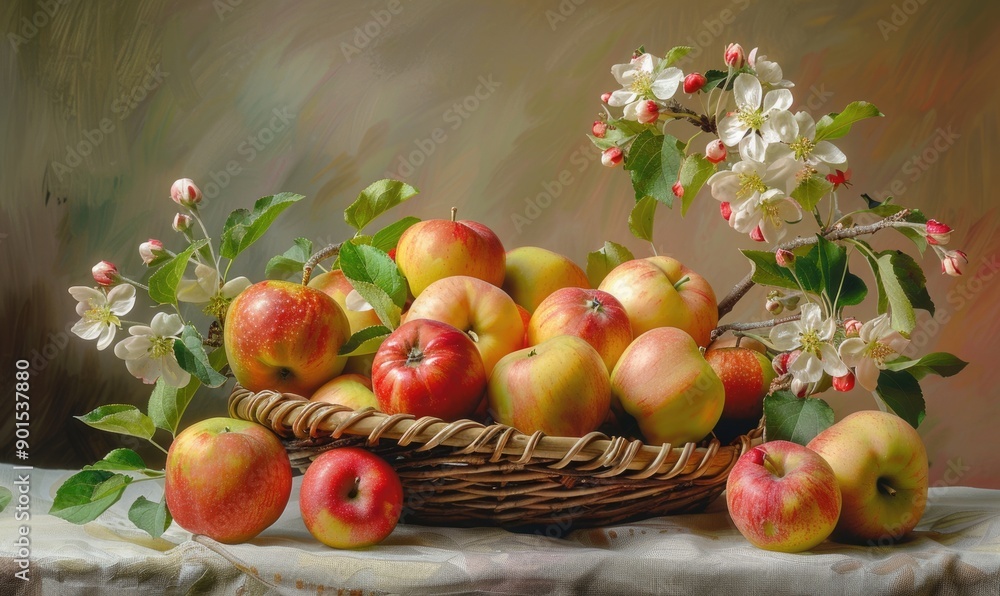 Close-up of assorted autumn apples in a woven basket Close-up of assorted autumn apples in a woven basket