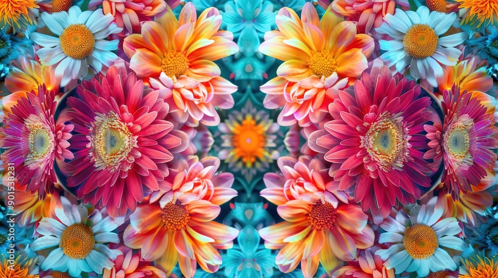 Vibrant Flower Kaleidoscope: Gerbera Daisies, Chamomile and Floral Symmetry Vibrant Flower Kaleidoscope: Gerbera Daisies, Chamomile and Floral Symmetry
