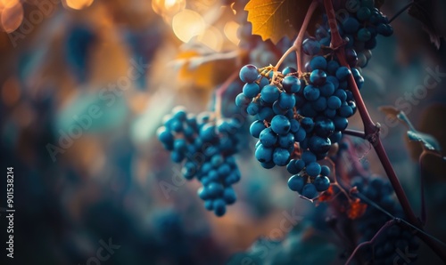 Close-up of grapes on the vine, sunlight filtering through leaves photo