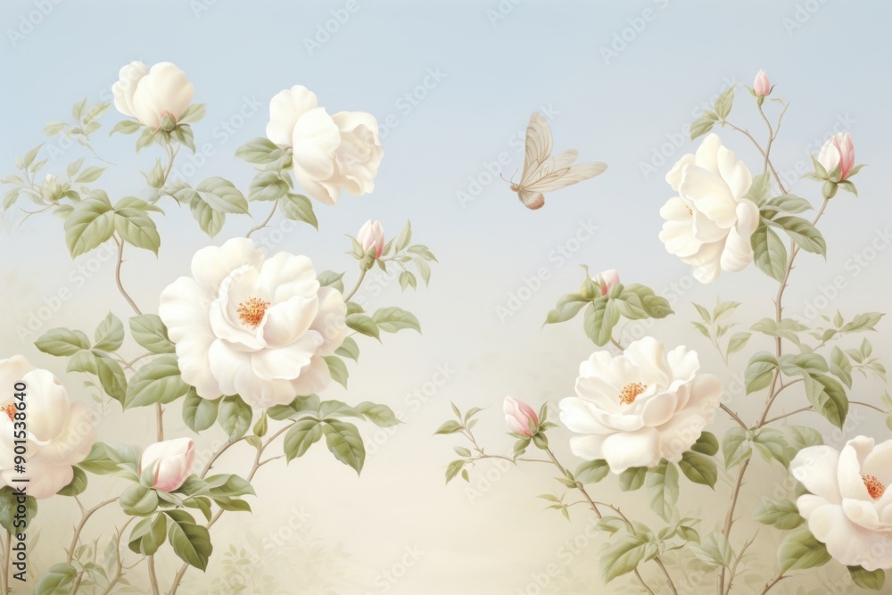 Fototapeta premium Painting of vintage white rose blooms border blossom pattern flower.