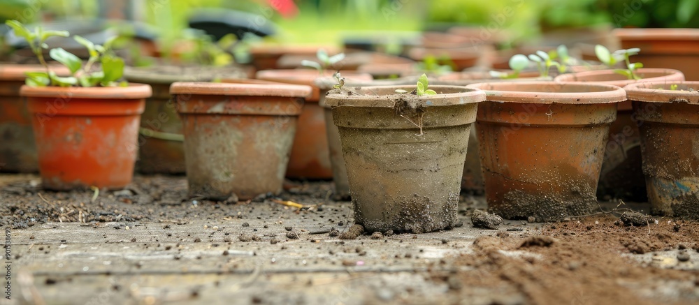 Fototapeta premium Garden with empty, dirty plastic plant pots, offering a copy space image.