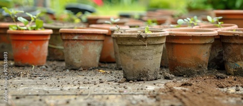 Garden with empty, dirty plastic plant pots, offering a copy space image. © StockKing