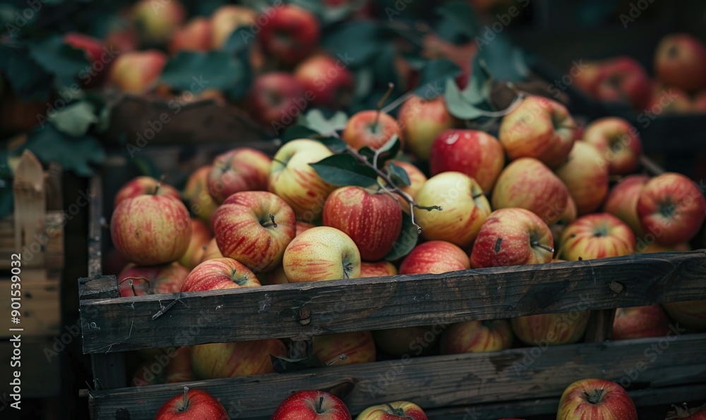 Display of apples in a wooden crate at a market Display of apples in a wooden crate at a market