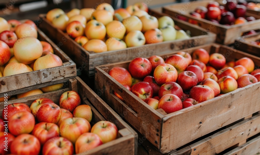 Display of apples in a wooden crate at a market Display of apples in a wooden crate at a market