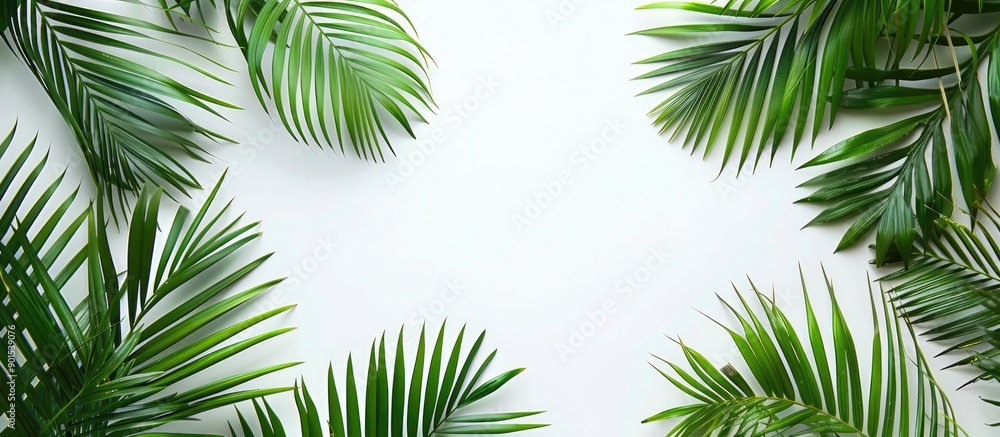 Lush palm leaves against a white backdrop evoke a summer theme in a flat lay, offering a top view with space for text or images. image with copy space Lush palm leaves against a white backdrop evoke a summer theme in a flat lay, offering a top view with space for text or images. image with copy space