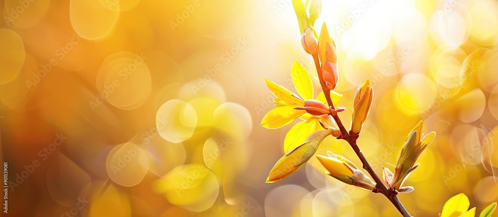 Vibrant close-up of a new yellow forsythia bud in vivid nature setting with blurred backdrop and empty space for text in a sunny spring day copy space image. Vibrant close-up of a new yellow forsythia bud in vivid nature setting with blurred backdrop and empty space for text in a sunny spring day copy space image.