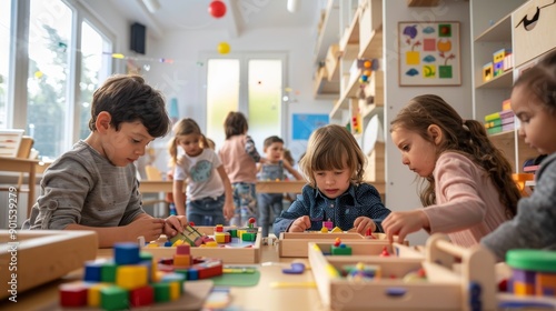 Children explore various educational stations, actively engaged in hands-on learning in a bright and welcoming environment © Ilia Nesolenyi