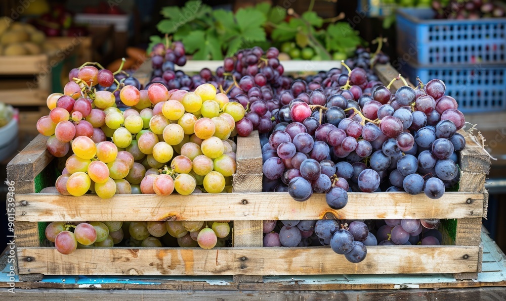 Grapes in a decorative wooden crate at a street market Grapes in a decorative wooden crate at a street market