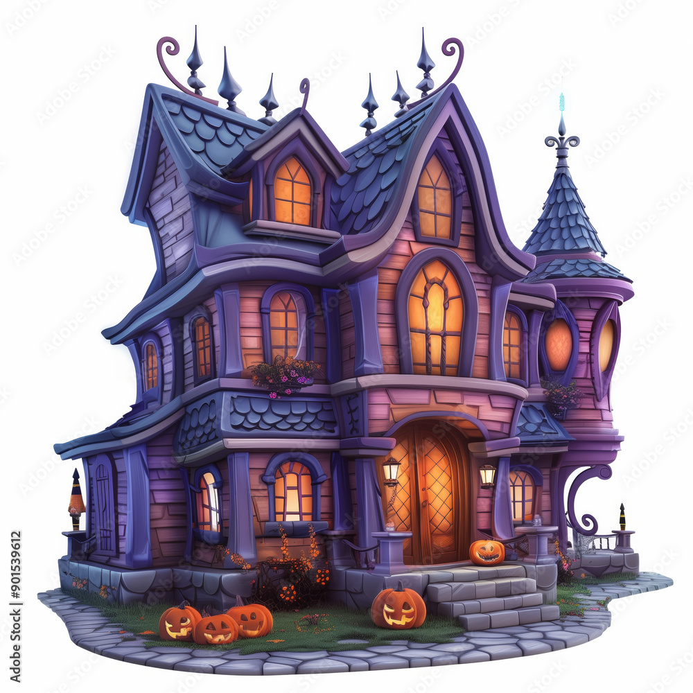 3d illustration vector clipart of a haunted Halloween scary horror house with glowing lights in a windows  and pumpkins lights on white background isolated