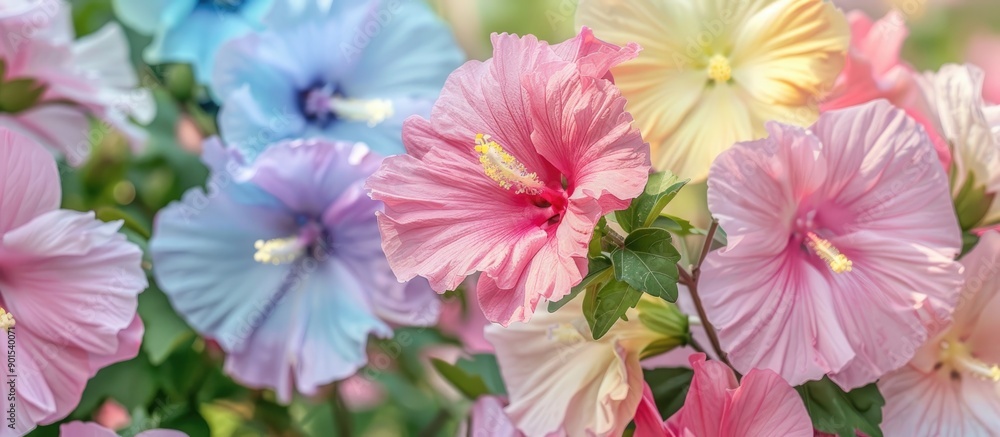 Hibiscus syriacus, also known as Rose of Sharon, features colorful flowers and is a versatile garden plant option, ideal for a copy space image. Hibiscus syriacus, also known as Rose of Sharon, features colorful flowers and is a versatile garden plant option, ideal for a copy space image.