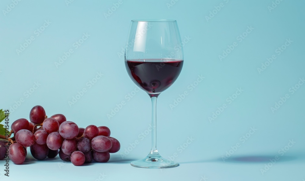 Grapes on a light blue background with a glass of red wine