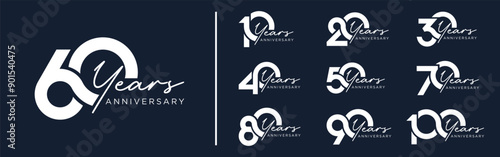 collection anniversary 10 to 100 year logo designs. abstract number for celebration event, wedding, greeting card, and invitation, vector illustration