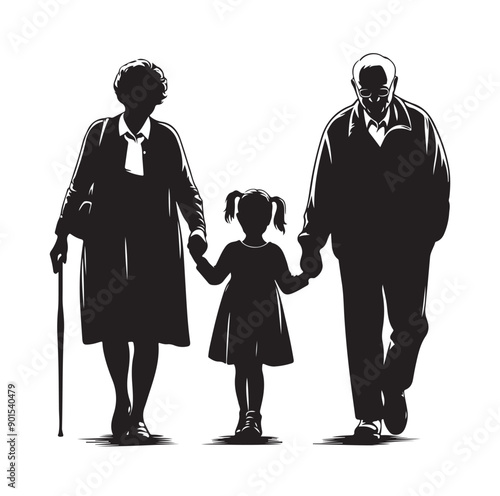 grandparents walking with granddaughter Silhouette  vector Illustration icon