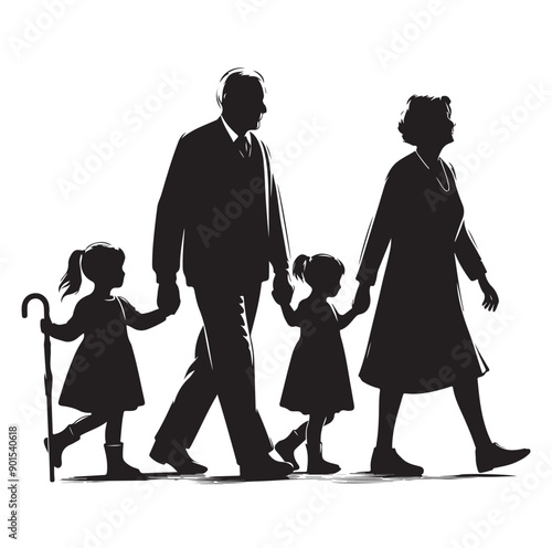 grandparents walking with granddaughter Silhouette  vector Illustration icon