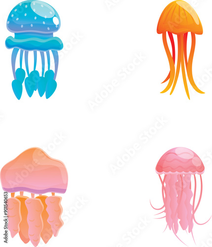 Exotic jellyfish icons set cartoon vector. Various colorful jellyfish. Sea animal
