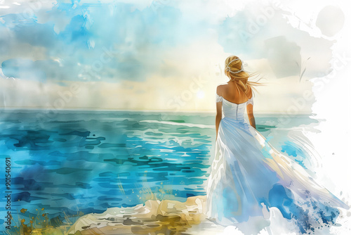Tranquil Impressionistic Painting of a Person in White Dress by the Vibrant Seaside, Capturing the Beauty and Serenity of the Scene.