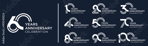 collection anniversary 10 to 100 year logo designs. abstract number for celebration event, wedding, greeting card, and invitation, vector illustration