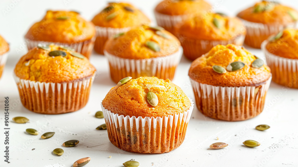 pumpkin cupcakes sprinkled with pumpkin seeds on top, isolated on a white background pumpkin cupcakes sprinkled with pumpkin seeds on top, isolated on a white background