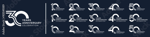 collection anniversary 10 to 50 year logo designs. abstract number for celebration event, wedding, greeting card, and invitation, vector illustration